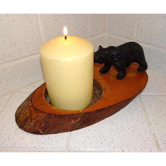 Vintage Log Slice Black Bear Candle Holder rustic primitive cabin decor man cave - Picture 5 of 13
